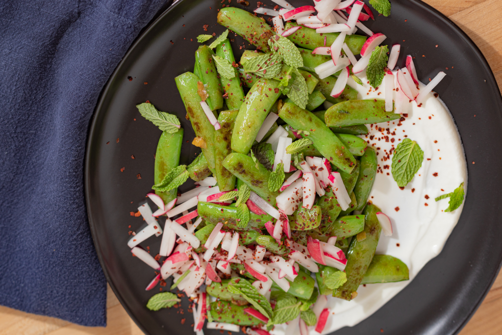 Snap Peas with Preserved Lemon, Mint, + Radishes kiyafries